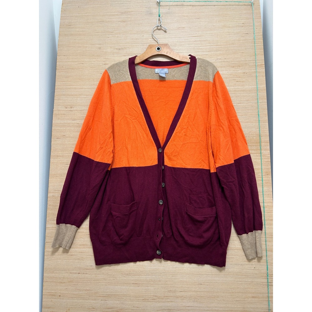 JCP Cashmere Blend Colorblock Cardigan Sweater Orange Burgundy Plus Size‎ 2X